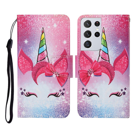 For Samsung Galaxy S21 Ultra 5G Colored Drawing Pattern Horizontal Flip Leather Case with Holder & Card Slots & Wallet & Lanyard(Eyelash Unicorn)-garmade.com