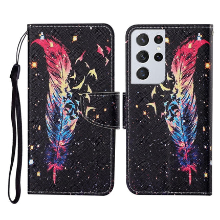 For Samsung Galaxy S21 Ultra 5G Colored Drawing Pattern Horizontal Flip Leather Case with Holder & Card Slots & Wallet & Lanyard(Feather)-garmade.com