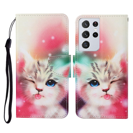 For Samsung Galaxy S21 Ultra 5G Colored Drawing Pattern Horizontal Flip Leather Case with Holder & Card Slots & Wallet & Lanyard(Squint Cat)-garmade.com