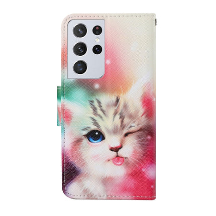 For Samsung Galaxy S21 Ultra 5G Colored Drawing Pattern Horizontal Flip Leather Case with Holder & Card Slots & Wallet & Lanyard(Squint Cat)-garmade.com