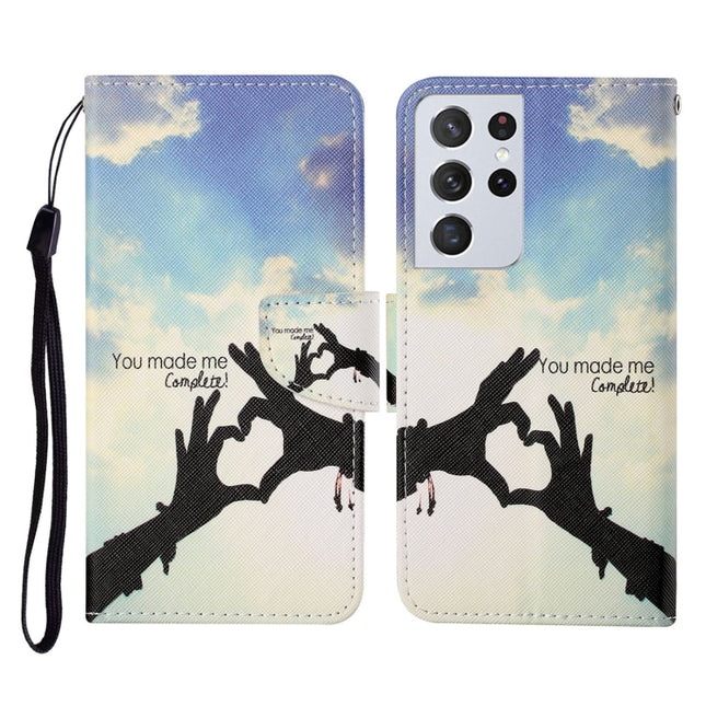 For Samsung Galaxy S21 Ultra 5G Colored Drawing Pattern Horizontal Flip Leather Case with Holder & Card Slots & Wallet & Lanyard(Love Gesture)-garmade.com