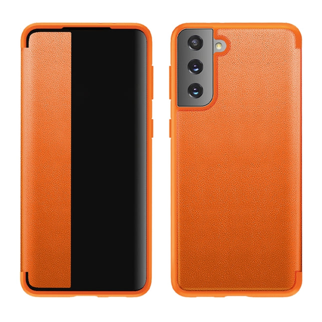 For Samsung Galaxy S21 Ultra 5G Magnetic Side Window View Shockproof Horizontal Flip Leather Case(Orange)-garmade.com