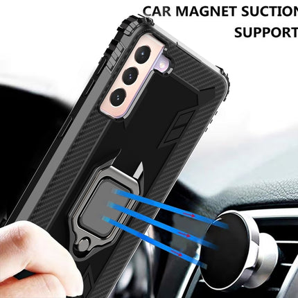 For Samsung Galaxy S21 5G Carbon Fiber Protective Case with 360 Degree Rotating Ring Holder(Black)-garmade.com