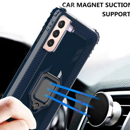For Samsung Galaxy S21 5G Carbon Fiber Protective Case with 360 Degree Rotating Ring Holder(Blue)-garmade.com