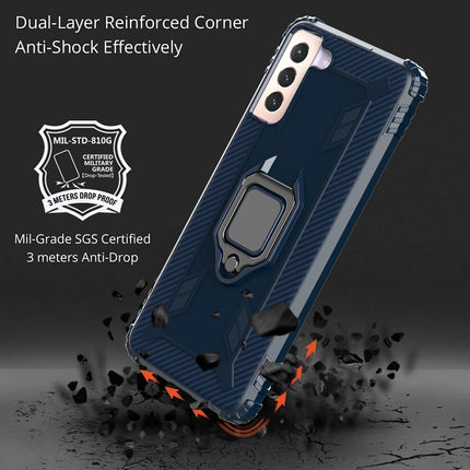 For Samsung Galaxy S21 5G Carbon Fiber Protective Case with 360 Degree Rotating Ring Holder(Blue)-garmade.com