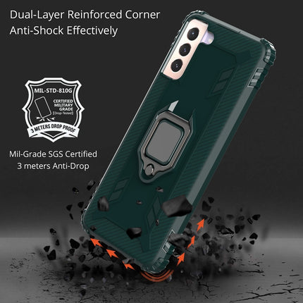 For Samsung Galaxy S21 5G Carbon Fiber Protective Case with 360 Degree Rotating Ring Holder(Green)-garmade.com