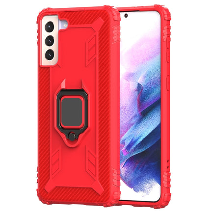 For Samsung Galaxy S21 5G Carbon Fiber Protective Case with 360 Degree Rotating Ring Holder(Red)-garmade.com