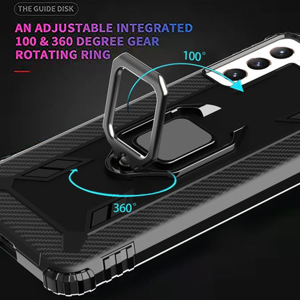 For Samsung Galaxy S21+ 5G Carbon Fiber Protective Case with 360 Degree Rotating Ring Holder(Black)-garmade.com