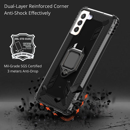 For Samsung Galaxy S21+ 5G Carbon Fiber Protective Case with 360 Degree Rotating Ring Holder(Black)-garmade.com