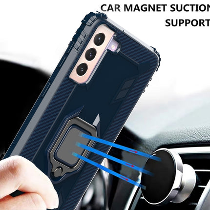 For Samsung Galaxy S21+ 5G Carbon Fiber Protective Case with 360 Degree Rotating Ring Holder(Blue)-garmade.com