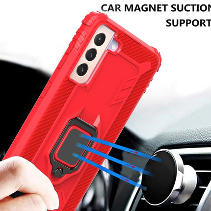 For Samsung Galaxy S21+ 5G Carbon Fiber Protective Case with 360 Degree Rotating Ring Holder(Red)-garmade.com