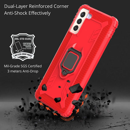 For Samsung Galaxy S21+ 5G Carbon Fiber Protective Case with 360 Degree Rotating Ring Holder(Red)-garmade.com