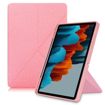 For Samsung Galaxy Tab S7 FE T730 / T735 / Tab S7+ / T970 / T975 Cloth Texture Multi-folding Leather Tablet Case with Holder & Sleep / Wake-up (Pink)-garmade.com