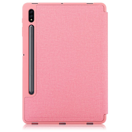 For Samsung Galaxy Tab S7 FE T730 / T735 / Tab S7+ / T970 / T975 Cloth Texture Multi-folding Leather Tablet Case with Holder & Sleep / Wake-up (Pink)-garmade.com