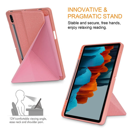 For Samsung Galaxy Tab S7 FE T730 / T735 / Tab S7+ / T970 / T975 Cloth Texture Multi-folding Leather Tablet Case with Holder & Sleep / Wake-up (Pink)-garmade.com