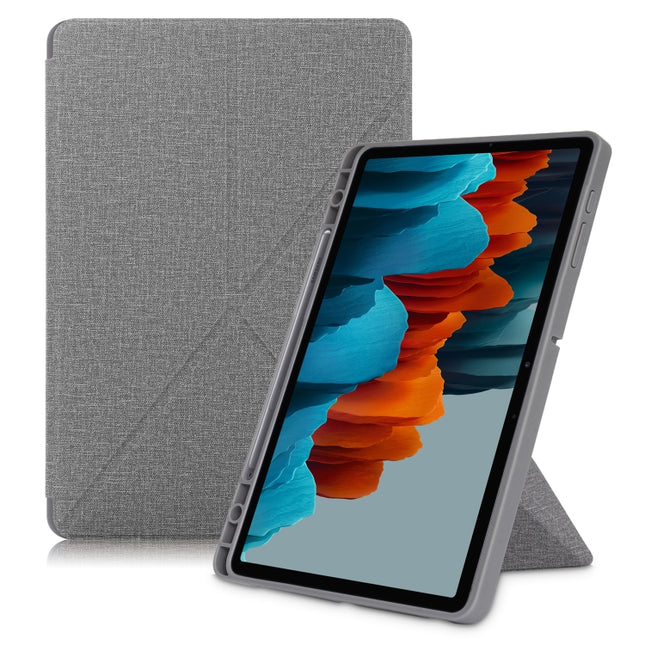 For Samsung Galaxy Tab S7 FE T730 / T735 / Tab S7+ / T970 / T975 Cloth Texture Multi-folding Leather Tablet Case with Holder & Sleep / Wake-up(Grey)-garmade.com