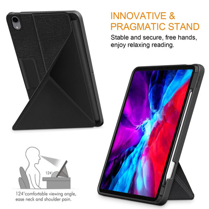 For iPad Air 2022 / 2020 10.9 / Pro 11 (2018) Cloth Texture Multi-folding Horizontal Flip PU Leather Shockproof Case with Holder & Sleep / Wake-up Function(Black)-garmade.com