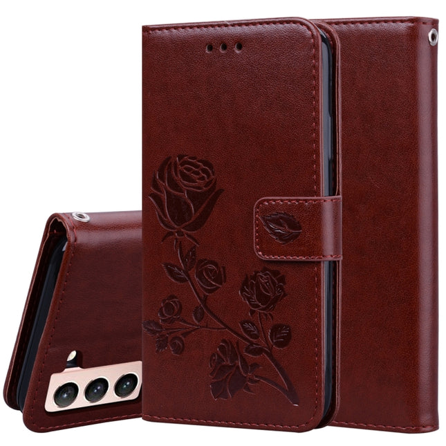 For Samsung Galaxy S21 5G Rose Embossed Horizontal Flip PU Leather Case with Holder & Card Slots & Wallet(Brown)-garmade.com