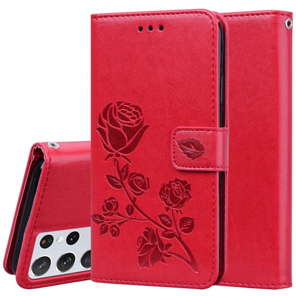 For Samsung Galaxy S21 Ultra 5G Rose Embossed Horizontal Flip PU Leather Case with Holder & Card Slots & Wallet(Red)-garmade.com