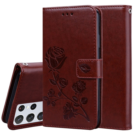 For Samsung Galaxy S21 Ultra 5G Rose Embossed Horizontal Flip PU Leather Case with Holder & Card Slots & Wallet(Brown)-garmade.com