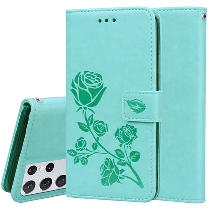 For Samsung Galaxy S21 Ultra 5G Rose Embossed Horizontal Flip PU Leather Case with Holder & Card Slots & Wallet(Green)-garmade.com