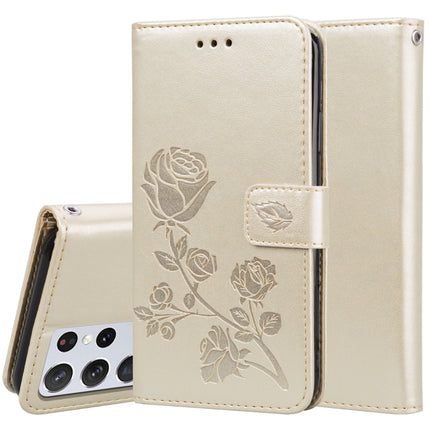 For Samsung Galaxy S21 Ultra 5G Rose Embossed Horizontal Flip PU Leather Case with Holder & Card Slots & Wallet(Gold)-garmade.com