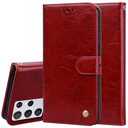 For Samsung Galaxy S21 Ultra 5G Business Style Oil Wax Texture Horizontal Flip Leather Case with Holder & Card Slots & Wallet(Red)-garmade.com