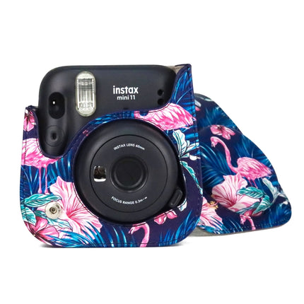 Flamingo Pattern Camera Bag with Shoulder Strap for Fujifilm Instax mini 11(Black Background)-garmade.com