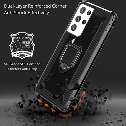 For Samsung Galaxy S21 Ultra 5G Carbon Fiber Protective Case with 360 Degree Rotating Ring Holder(Black)-garmade.com