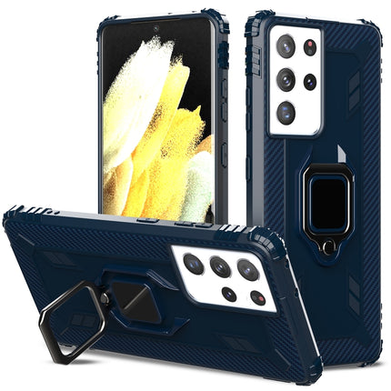 For Samsung Galaxy S21 Ultra 5G Carbon Fiber Protective Case with 360 Degree Rotating Ring Holder(Blue)-garmade.com