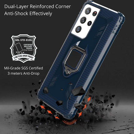 For Samsung Galaxy S21 Ultra 5G Carbon Fiber Protective Case with 360 Degree Rotating Ring Holder(Blue)-garmade.com