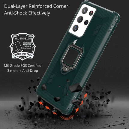 For Samsung Galaxy S21 Ultra 5G Carbon Fiber Protective Case with 360 Degree Rotating Ring Holder(Green)-garmade.com