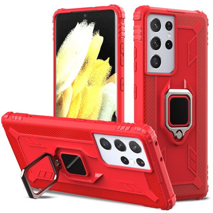 For Samsung Galaxy S21 Ultra 5G Carbon Fiber Protective Case with 360 Degree Rotating Ring Holder(Red)-garmade.com