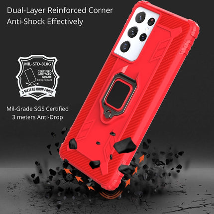 For Samsung Galaxy S21 Ultra 5G Carbon Fiber Protective Case with 360 Degree Rotating Ring Holder(Red)-garmade.com