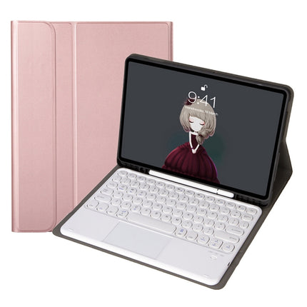YA102B-A Detachable Lambskin Texture Round Keycap Bluetooth Keyboard Leather Tablet Case with Touch Control & Pen Slot & Stand For iPad 10.2 (2020) & (2019) / Air 3 10.5 inch / Pro 10.5 inch(Rose Gold)-garmade.com
