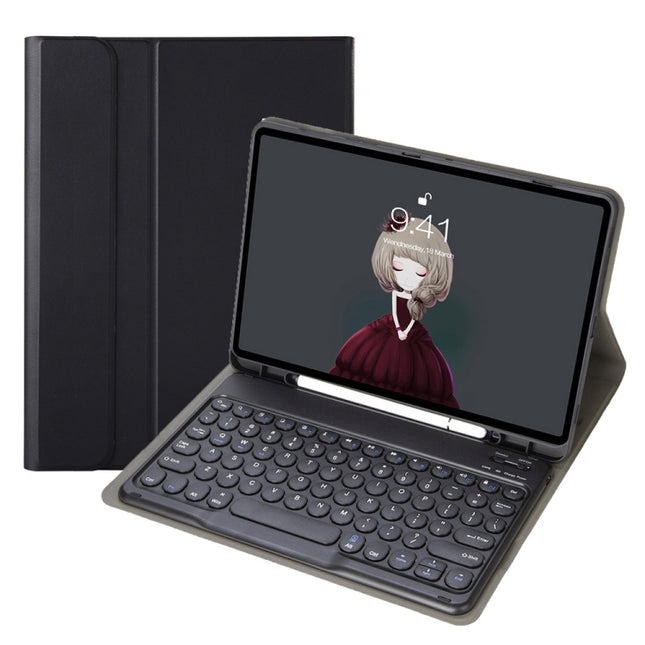 YA102B Detachable Lambskin Texture Round Keycap Bluetooth Keyboard Leather Tablet Case with Pen Slot & Stand For iPad 10.2 (2020) & (2019) / Air 3 10.5 inch / Pro 10.5 inch(Black)-garmade.com