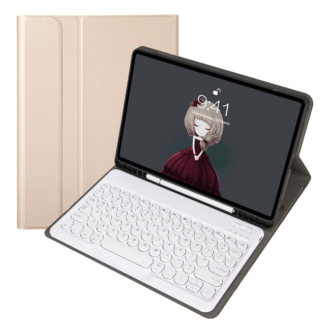 YA07B Detachable Lambskin Texture Round Keycap Bluetooth Keyboard Leather Tablet Case with Pen Slot & Stand For iPad 9.7 inch (2018) & (2017) / Pro 9.7 inch / Air 2 /Air(Gold)-garmade.com