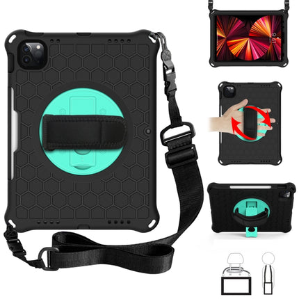 For iPad Pro 11 2022 / 2021 / 2020 / 2018 360 Degree Rotation Honeycomb Shockproof Silicone PC Protective Tablet Case with Holder & Shoulder Strap & Hand Strap(Black Mint Green)-garmade.com
