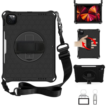 For iPad Pro 11 2022 / 2021 / 2020 / 2018 360 Degree Rotation Honeycomb Shockproof Silicone PC Protective Tablet Case with Holder & Shoulder Strap & Hand Strap(Black)-garmade.com