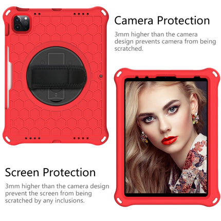 For iPad Pro 11 2022 / 2021 / 2020 / 2018 360 Degree Rotation Honeycomb Shockproof Silicone PC Protective Tablet Case with Holder & Shoulder Strap & Hand Strap(Red Black)-garmade.com
