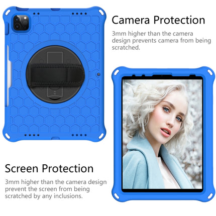 For iPad Pro 11 2022 / 2021 / 2020 / 2018 360 Degree Rotation Honeycomb Shockproof Silicone PC Protective Tablet Case with Holder & Shoulder Strap & Hand Strap(Blue Black)-garmade.com