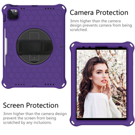 For iPad Pro 11 2022 / 2021 / 2020 / 2018 360 Degree Rotation Honeycomb Shockproof Silicone PC Protective Tablet Case with Holder & Shoulder Strap & Hand Strap(Purple Black)-garmade.com