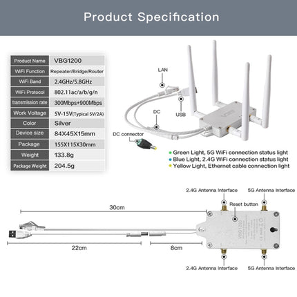 VONETS VBG1200 300Mbps+900Mbps Dual Band Wireless Router Repeater WIFI Base Station with 4 Antennas-garmade.com