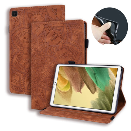 For Samsung Galaxy Tab A7 Lite 8.7 (2021) T220 / T225 Calf Pattern Double Folding Design Embossed Leather Case with Holder & Card Slots & Pen Slot & Elastic Band(Brown)-garmade.com