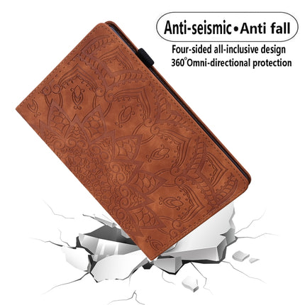 For Samsung Galaxy Tab A7 Lite 8.7 (2021) T220 / T225 Calf Pattern Double Folding Design Embossed Leather Case with Holder & Card Slots & Pen Slot & Elastic Band(Brown)-garmade.com