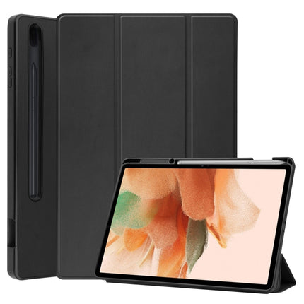 For Samsung Galaxy Tab S7 Lite T730 / T735 / Tab S7 FE T736 Pure Color Horizontal Flip TPU + PU Leather Case with Three-folding Holder & Sleep / Wake-up Function & Pen Slot(Black)-garmade.com
