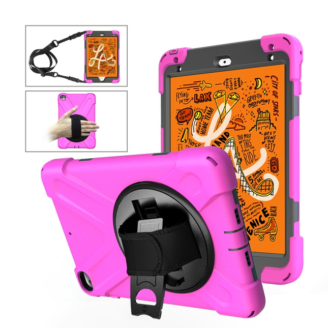 Shockproof Colorful Silicone + PC Protective Case with Holder & Shoulder Strap & Hand Strap For iPad Mini 4 / Mini (2019)(Rose Red)-garmade.com