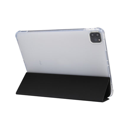 For iPad Pro 11 2022 / 2021 Three-folding Electric Pressed Skin Texture Horizontal Flip Shockproof Transparent TPU + PU Leather Tablet Case with Holder & Pen Slot & Sleep / Wake-up Function(Black)-garmade.com
