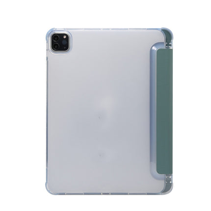 For iPad Pro 11 2022 / 2021 Three-folding Electric Pressed Skin Texture Horizontal Flip Shockproof Transparent TPU + PU Leather Tablet Case with Holder & Pen Slot & Sleep / Wake-up Function(Dark Green)-garmade.com