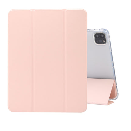 For iPad Pro 11 2022 / 2021 Three-folding Electric Pressed Skin Texture Horizontal Flip Shockproof Transparent TPU + PU Leather Tablet Case with Holder & Pen Slot & Sleep / Wake-up Function(Light Pink)-garmade.com